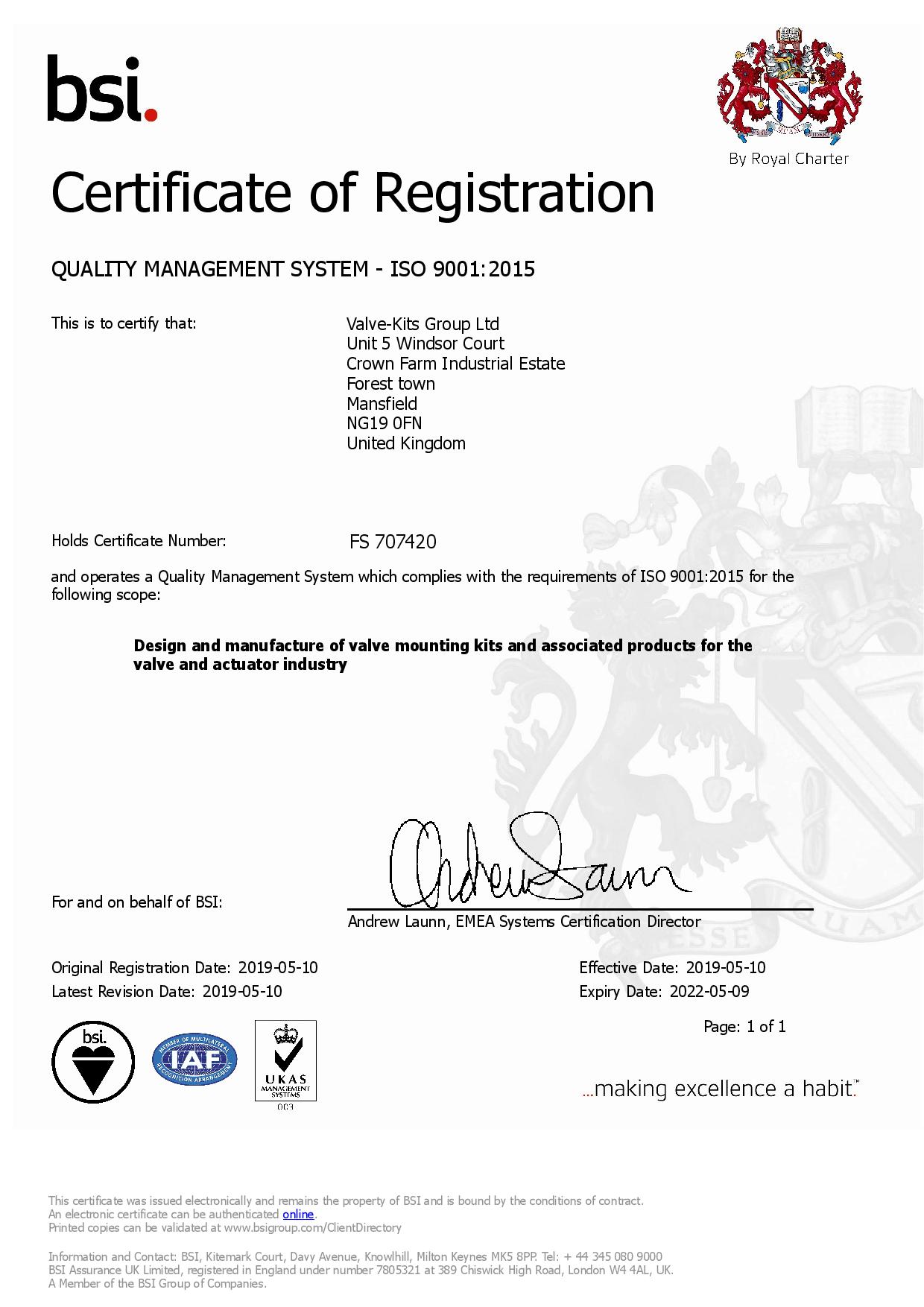 Valve-Kits are now ISO9001-2015!